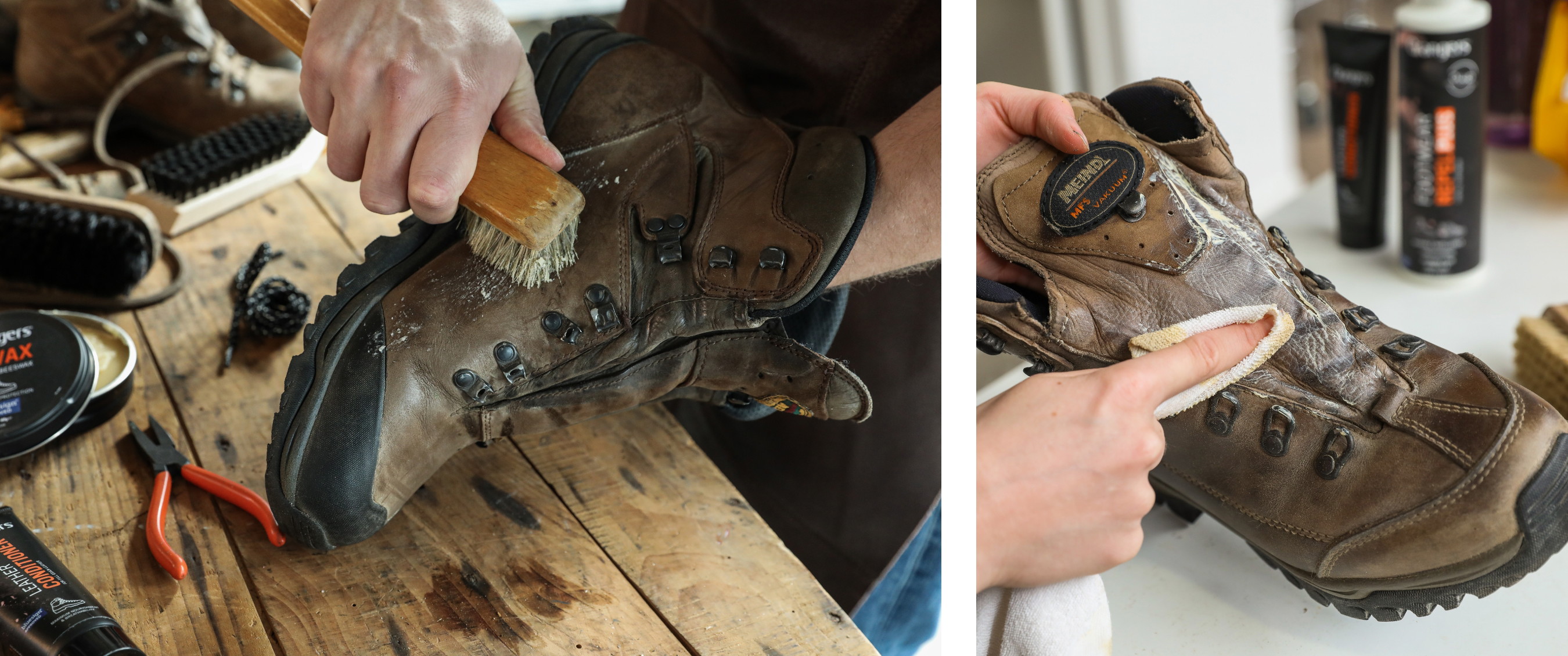 De schoenmakers van het inhouse schoenatelier / Schoenmaker herstelt wandelschoenen en kan je betalen met ecocheques