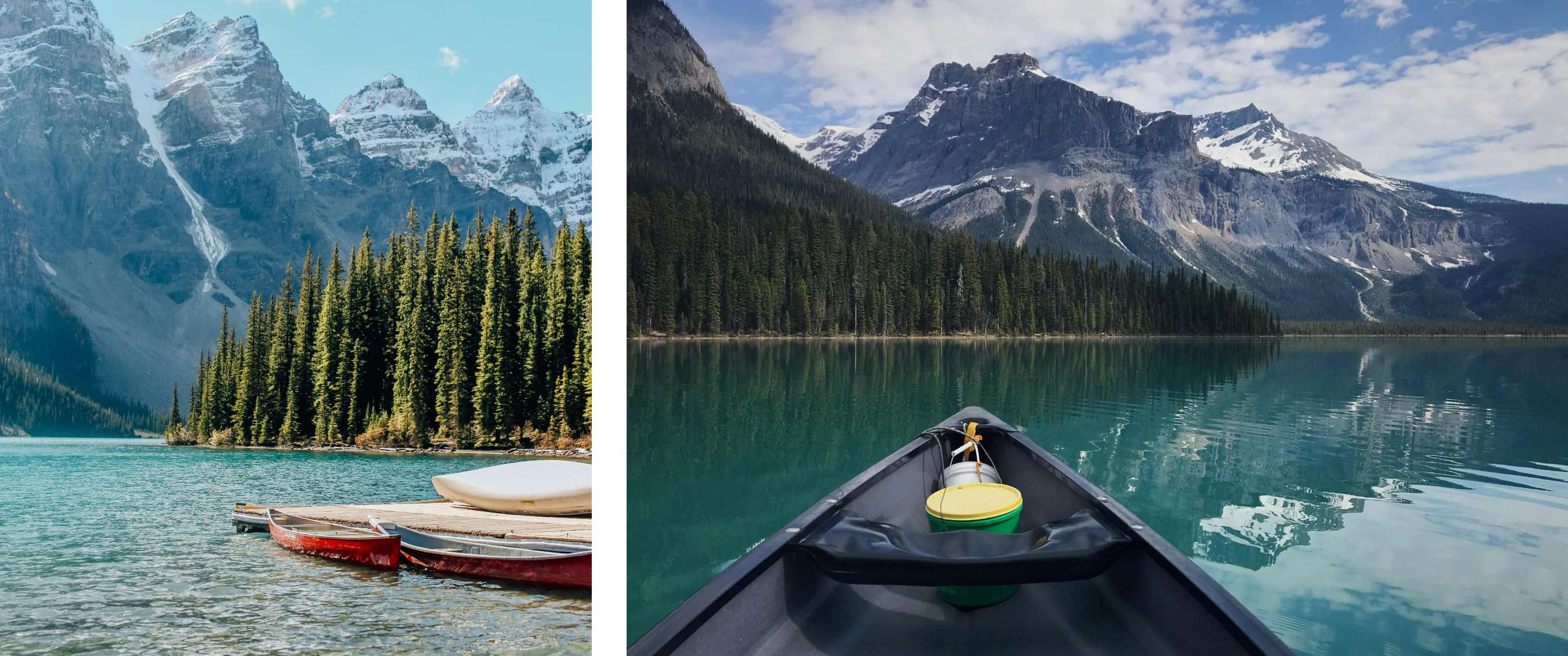 Beeld links <Rode kano’s liggen aan een houten steiger met op de achtergrond besneeuwde bergpieken.> Beeld rechts <Uitzicht vanuit een kano op een spiegelglad bergmeer met besneeuwde bergtoppen.>