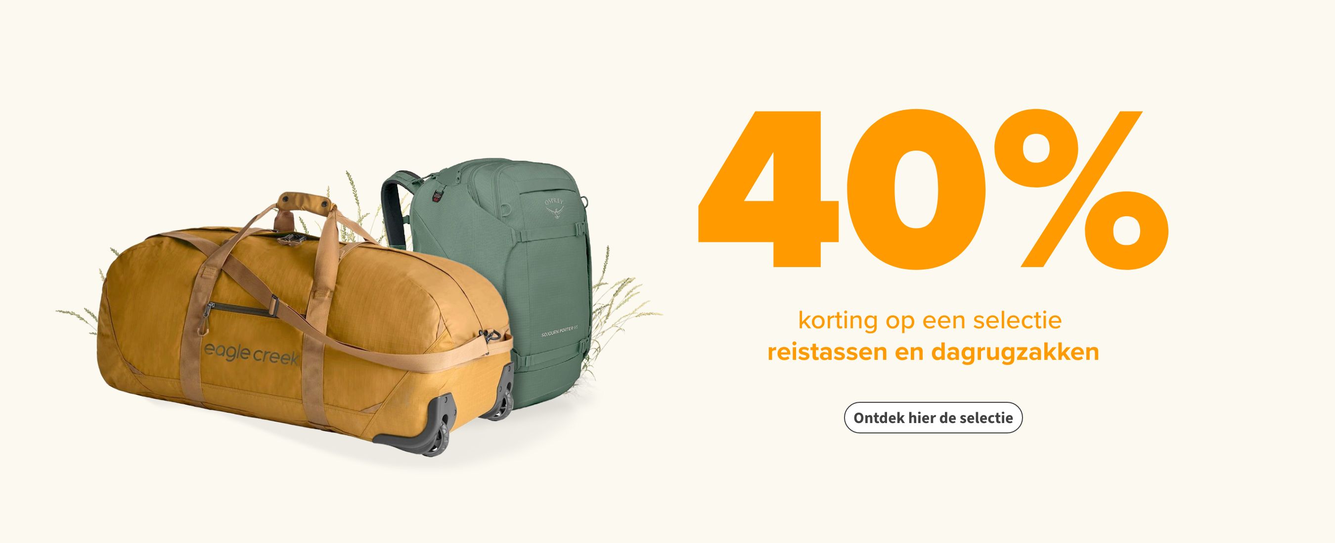 40% korting op een selectie reistassen en dagrugzakken